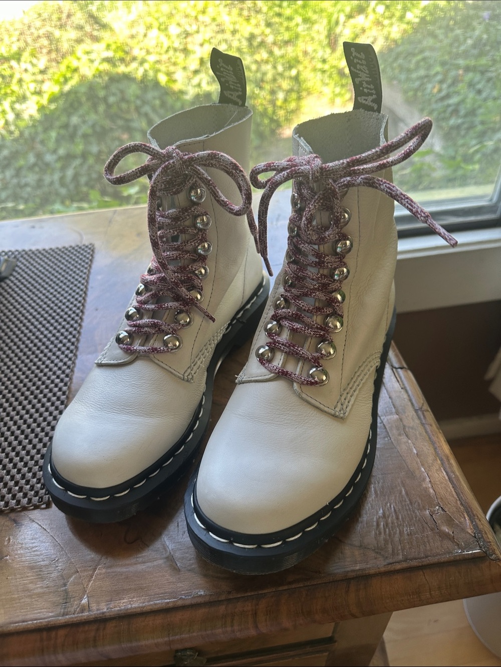 Dr. Martens Soft White Leather Lace-Up Boots with Pink Laces